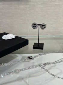 Celine black oval button silver full diamond double C earrings-3900